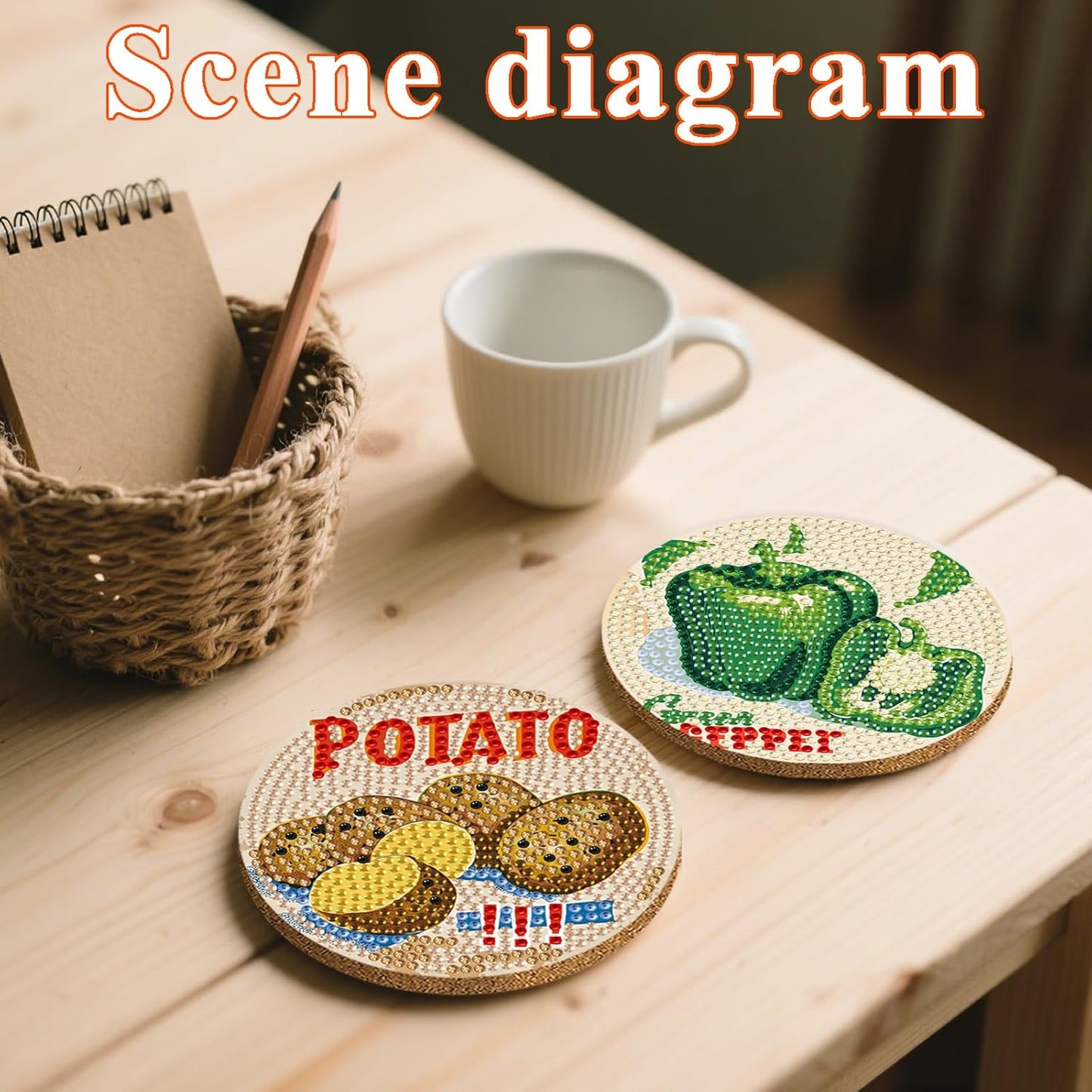 DOTSOPS 6Pack Diamond Painting Coaster with Holder 5D Diamond Art Kits for Adults Round Full Drill Beginners Gem Dots Craft Arts Supplies Party Home Decor Vegetable