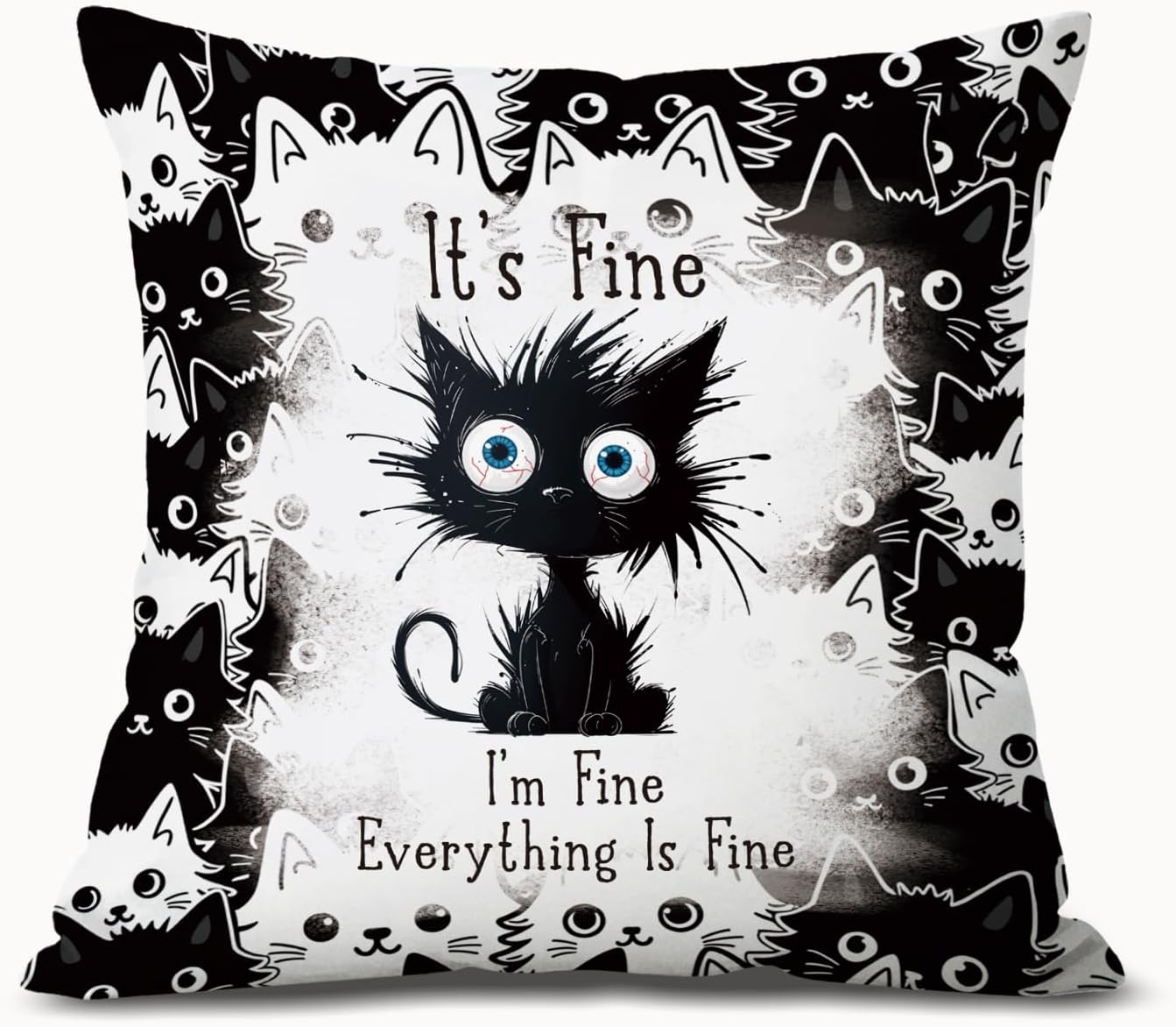 Funny Black Cat Pillow Covers 18x18, Black Cat Decor, It's Fine I'm Fine Everything is Fine Decorative Throw Pillow Covers Pillowcases for Bedroom Living Room Home Decor