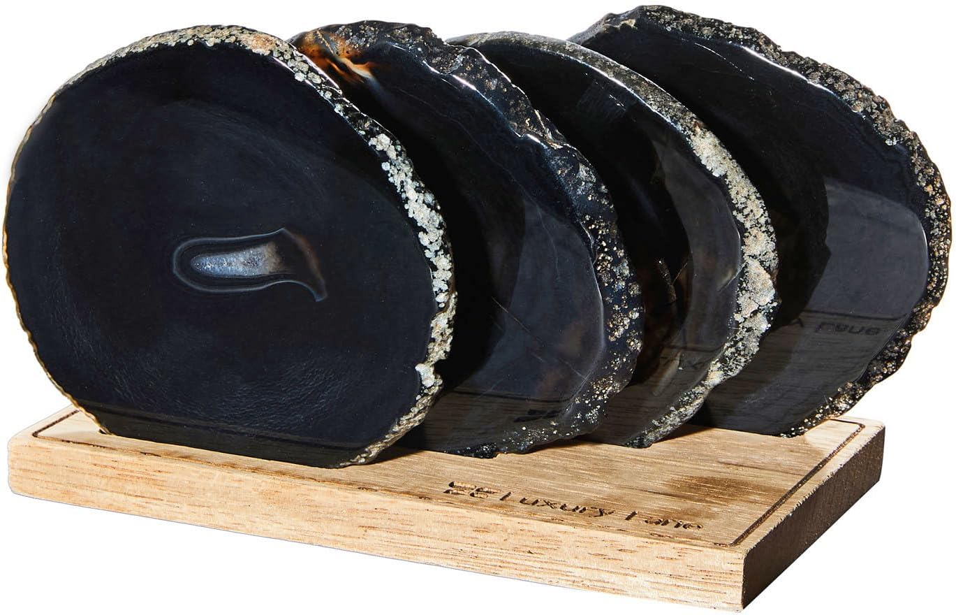 Luxury Lane Set of 4 Large Natural Brazilian Agate Slice Geode Rock Stone Drink Coasters with Wood Holder 4.3-4.7 inch Centerpiece Table Decoration, Black Space