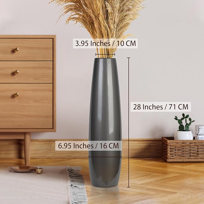 Silvery Ceramic Tall Floor Vase,28 Inch Large Modern Flower Vases for Home Décor,Wicker Big Floor Vase Decorations for Farmhouse, Living Room,Bedroom,Standing Plastic Vase Decorative Tall