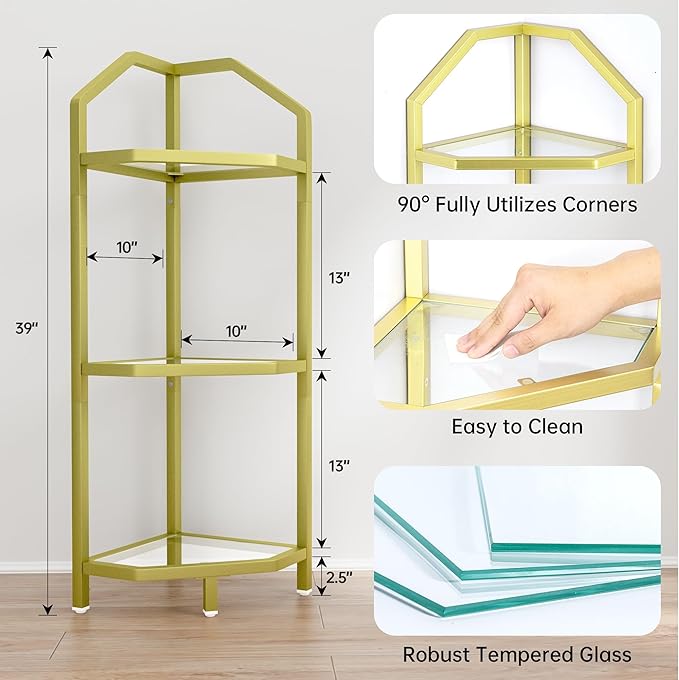 3-Tier Corner Shelf Stand, Gold Corner Bookshelf, Bathroom Storage Rack Shelf, Plant Rack, Tempered Glass, Steel Frame, Modern Style for Living Room, Bathroom, Kitchen, Metallic Gold