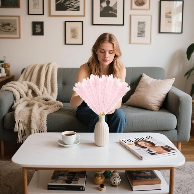 30 Pcs Light Pink Faux Pampas Grass, 17 Inches Artificial Pampas Grass Bulk, Short Fluffy Faux Pompas for Vase Filler, Home Boho, Wedding Anniversaries, Baby Shower Decoration