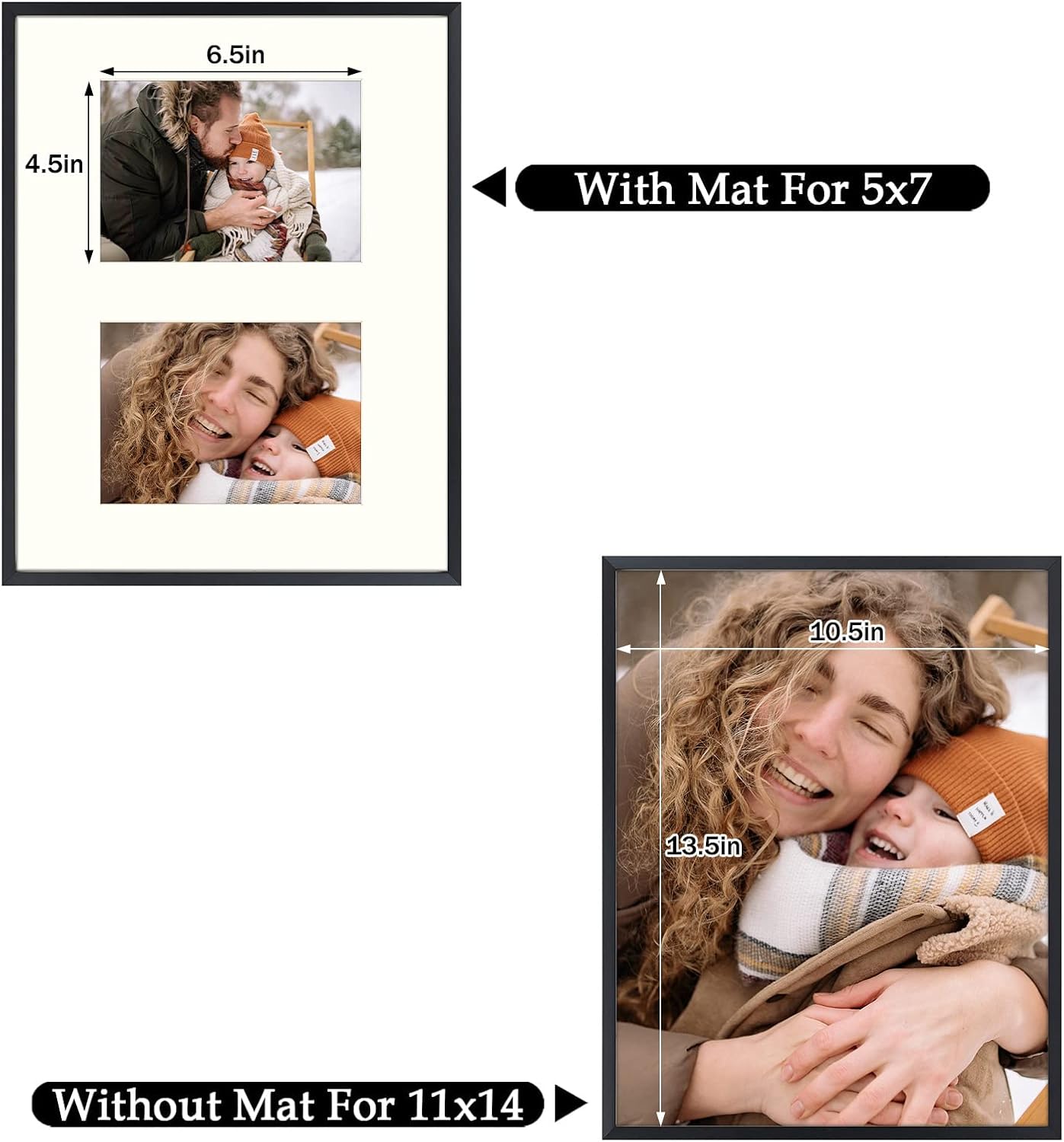Frametory - 11x14 Aluminum Collage Picture Frame - Display 5x7 Pictures with 2 Openings Mat - Real Glass Front - Horizontal/Vertical Wall Mount - Black 1 Pack