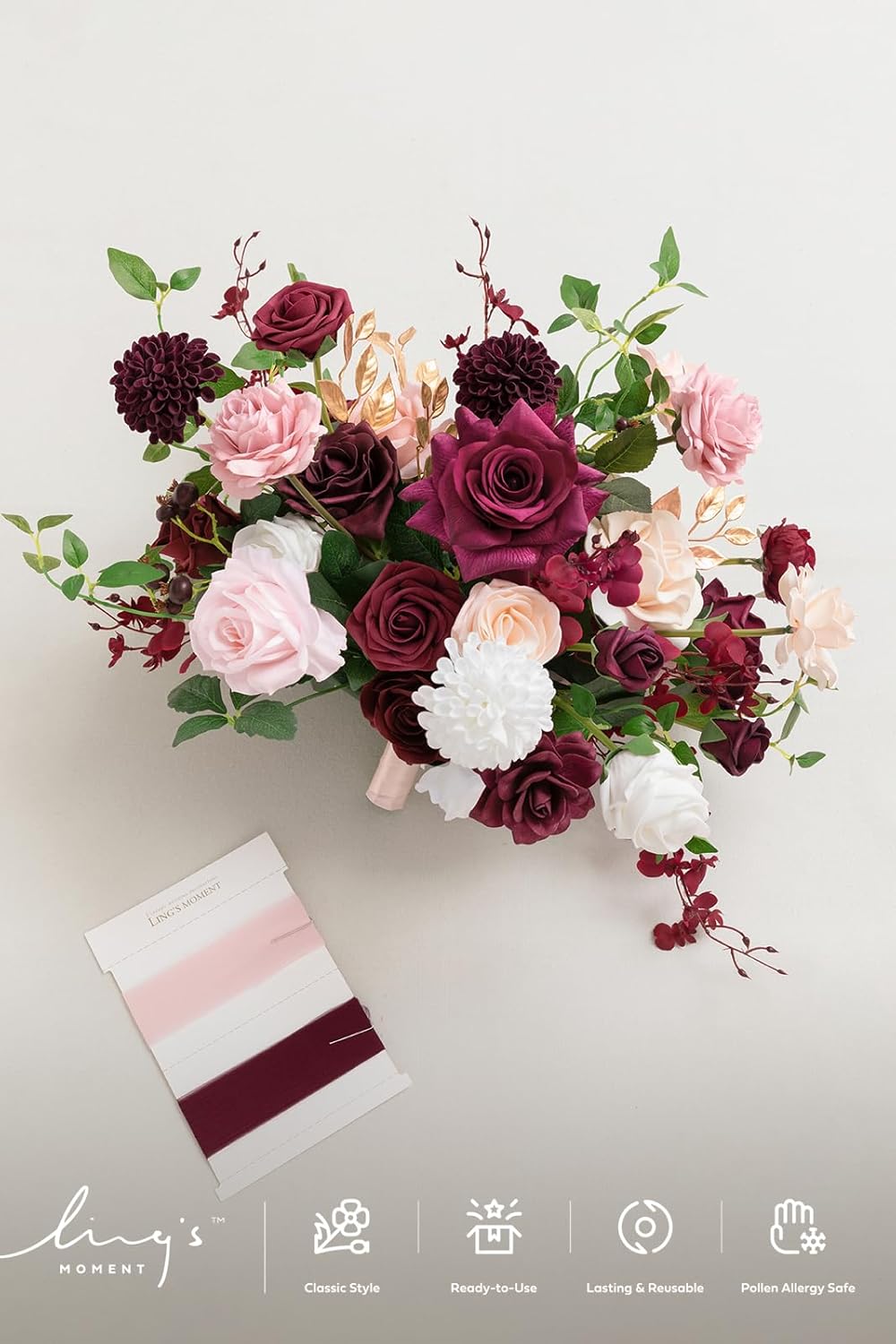 Ling's moment Burgundy Wedding Bouquets for Bride, Marsala Bridal Bouquets for Bride, 17 Inch Free Form Artificial Wedding Flower Bouquet
