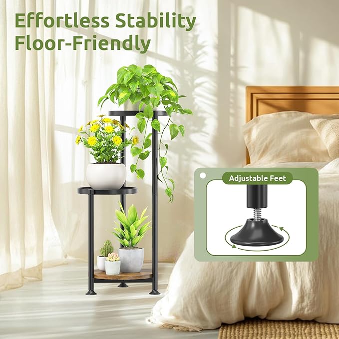 3 Tier Plant Stand Indoor Outdoor, 10in Wide Metal Tiered Tall Flower Pot Holder Multiple Shelf, Large Heavy Duty Round Rack for Patio Garden Living Room Balcony Corner Bathroom Orchid,Modern Black