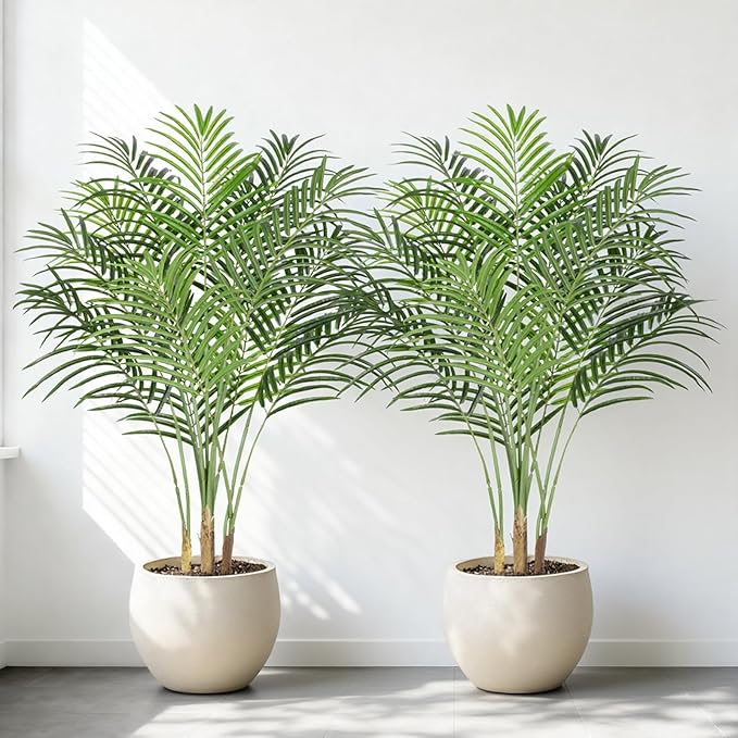 4ft Tall Fake Palm Tree with 13 Trunks and Real Bark Design, Green, Premium Polyester