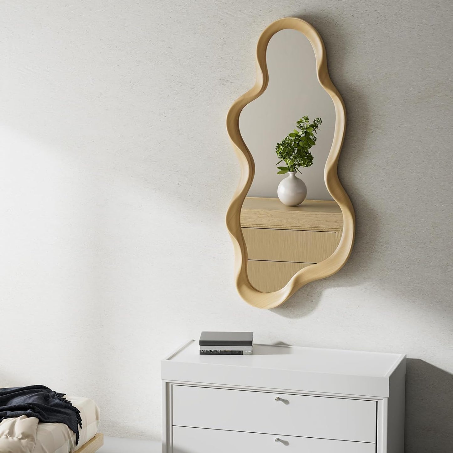 Irregular Wall Mirror, Wooden Framed Wall Asymmetrical Wavy Wall Mirror for Living Room Bedroom Entryway Bathroom Modern Decorative with Hanging Hooks 30x14 Inch