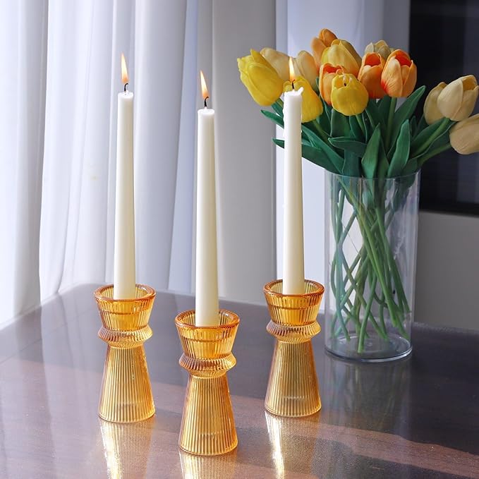 VOHO Vintage Ribbed Taper Candle Holders Set of 3, Boho Amber Candle Sticks Holder Decor Fall Centerpieces for Tables Thanksgiving, Minimalist Tapered Candlestick Holders for Tea Light & Taper Candles