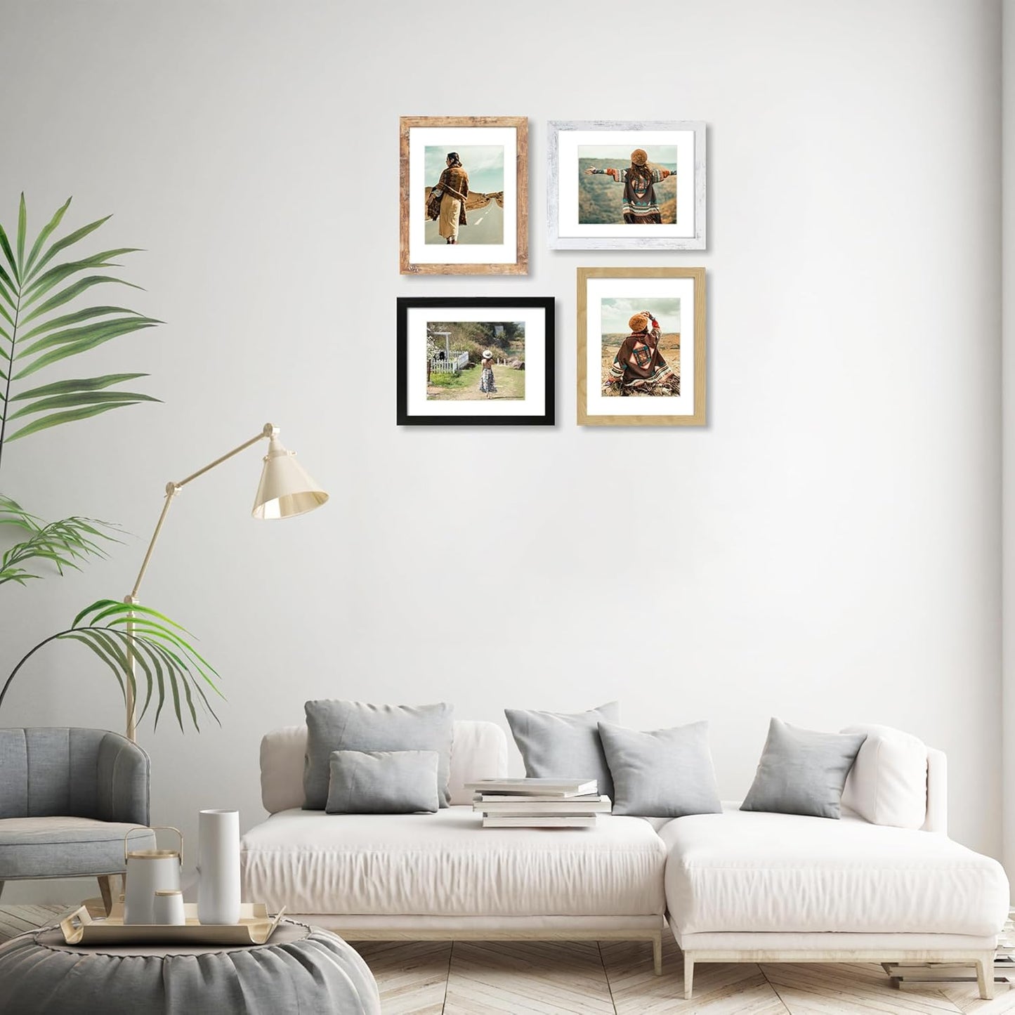 iRahmen 11x14 Picture Frame Set of 4, High Definition Tempered Glass 11 x 14 Frames Display 8x10 Pictures with Mat, Mixed Color Wood Photo Frame Wall Mounting