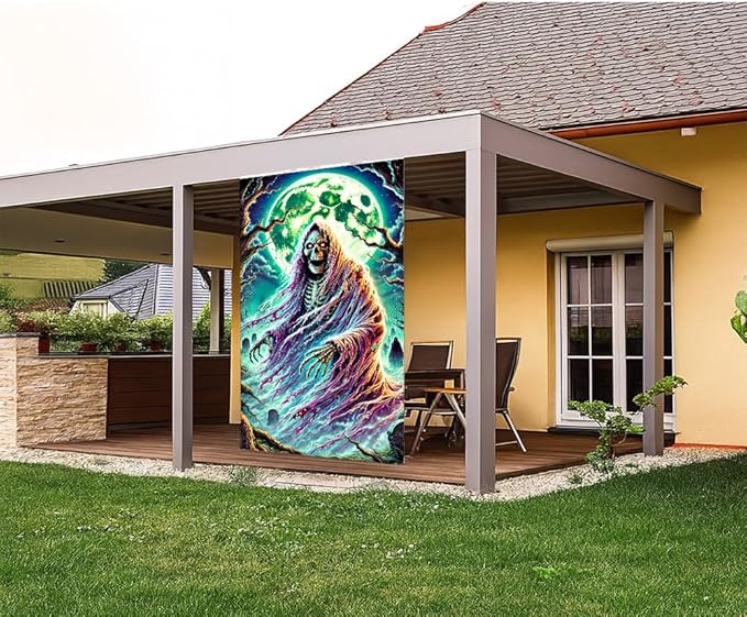 2D flat Ghost in Forest Door Cover Banner – Halloween Spirit Scary Door Decorations – Haunted Holiday Entryway Decor for Home 71x35 Inch