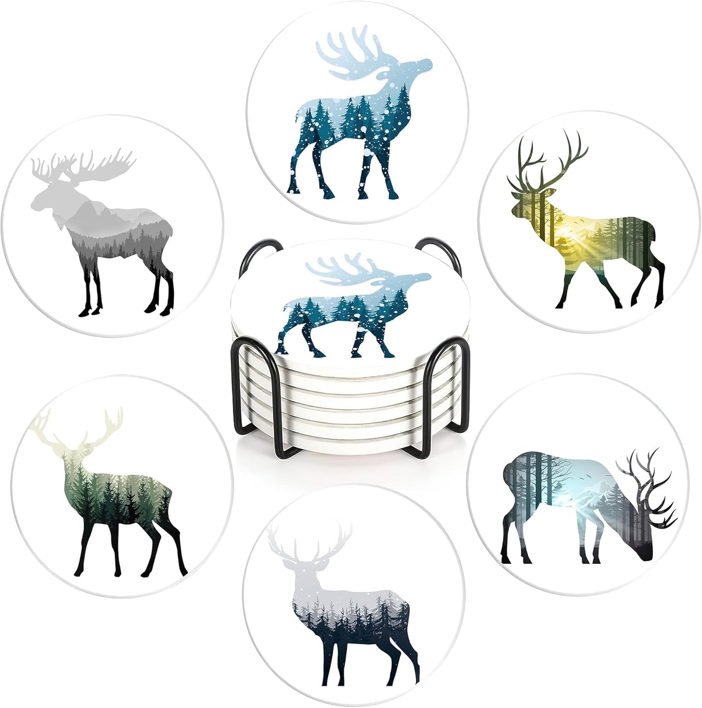 Drink Coasters with Holder,6 Pcs Deer Misty Forest Absorbent Ceramic Coasters with Cork Base,Cute Funny Table Drinks Coasters,Table Home Decor,4 Inches
