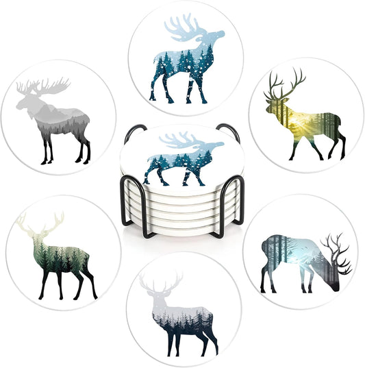 Drink Coasters with Holder,6 Pcs Deer Misty Forest Absorbent Ceramic Coasters with Cork Base,Cute Funny Table Drinks Coasters,Table Home Decor,4 Inches