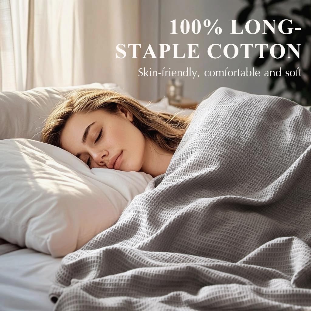 ISAENNE Grey Thin Waffle Weave 100% Cotton Throw Blanket,Solid Color Breathable Soft Cooling Blanket,Lightweight and Skin Friendly Blankets for Bed,Camp,All-Season Use,Christmas,80x60 Inches