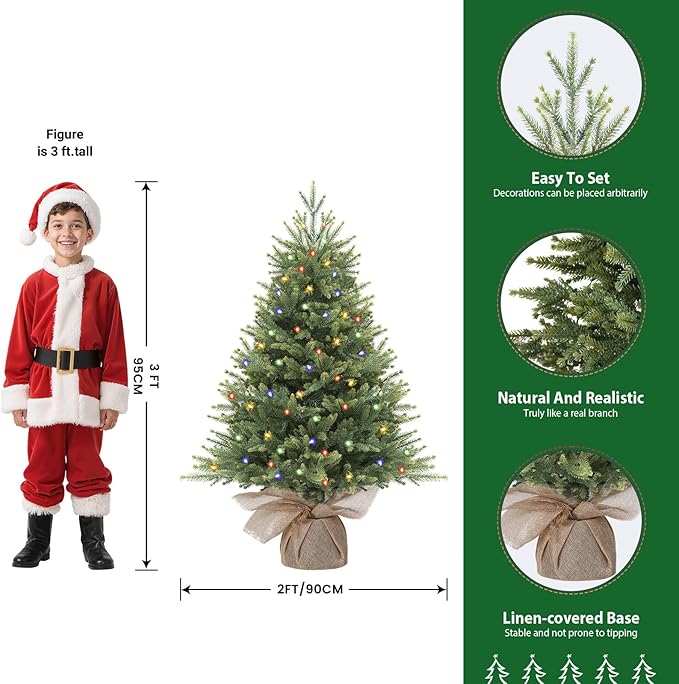 3ft Prelit Artificial Small Mini Christmas Tree with Color LED Lights, Remote Control and Timer, Perfect for Xmas Decor, Wedding Dining Table top, Home, Kitchen,3 Foot