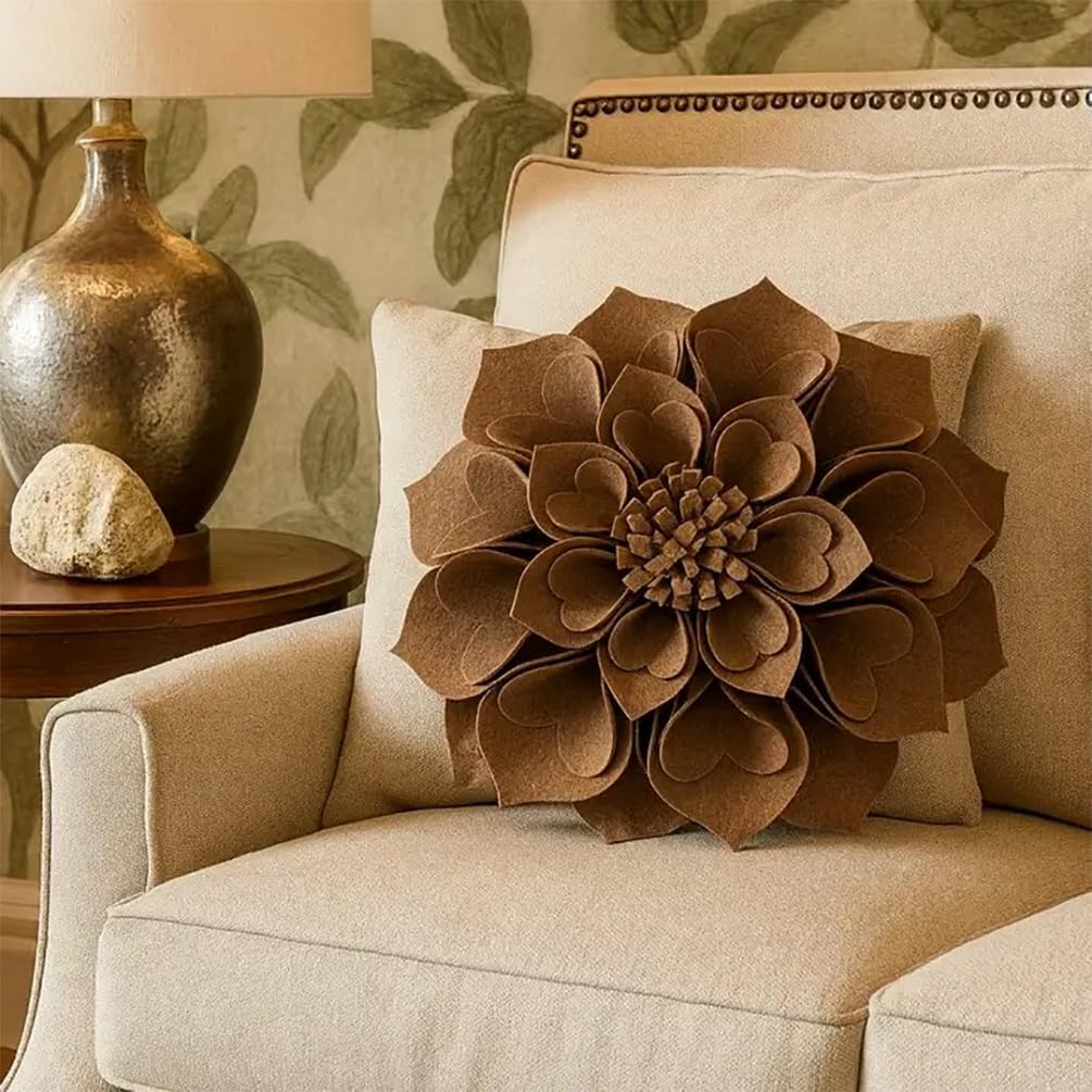 Fennco Styles Handmade 3D Heart-Shaped Petals Flower Decorative Throw Pillow Cover Only - 13" Round Mocha Floral Pillow Case for Couch, Home Décor and Holiday, Housewarming Gift