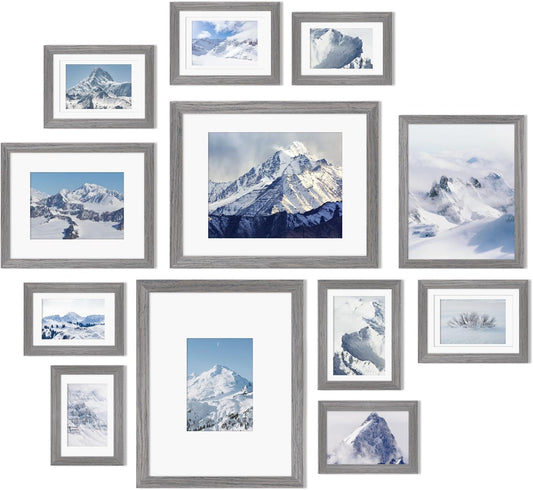 Egofine Picture Frame Set 12 Pack, Picture Frames Collage Wall Decor with Two 11x14, Two 8x10, Four 5x7, Four 4x6 for Wall and Tabletop, Made of Solid Wood, Covered by Plexiglass, Oak Grey