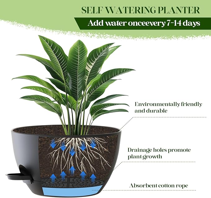 10 Inch Hanging Planters with Chains 2 Pack Self Watering Black Plastic Hanging Pots for Indoor Outdoor Plants, Garden Porch Home Decor (Black)