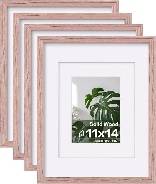 Egofine 11x14 Picture Frames Set of 4, Made of Solid Wood Covered by Plexiglass 5x7 and 8x10 with Mat or 11x14 without Mat, for Table Top Display and Wall Mounting Photo Frame Peach Pink