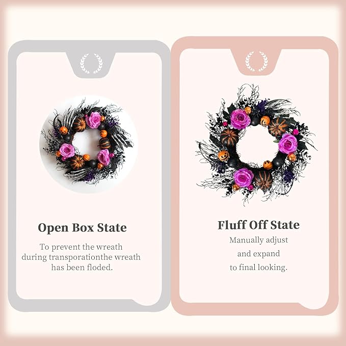 22 Inch Halloween Wreaths for Front Door Artificial Black Welcome Wreath with Pumpink Rose Skeleton Hand Indoor Outdoor Wall Holiday Decorations