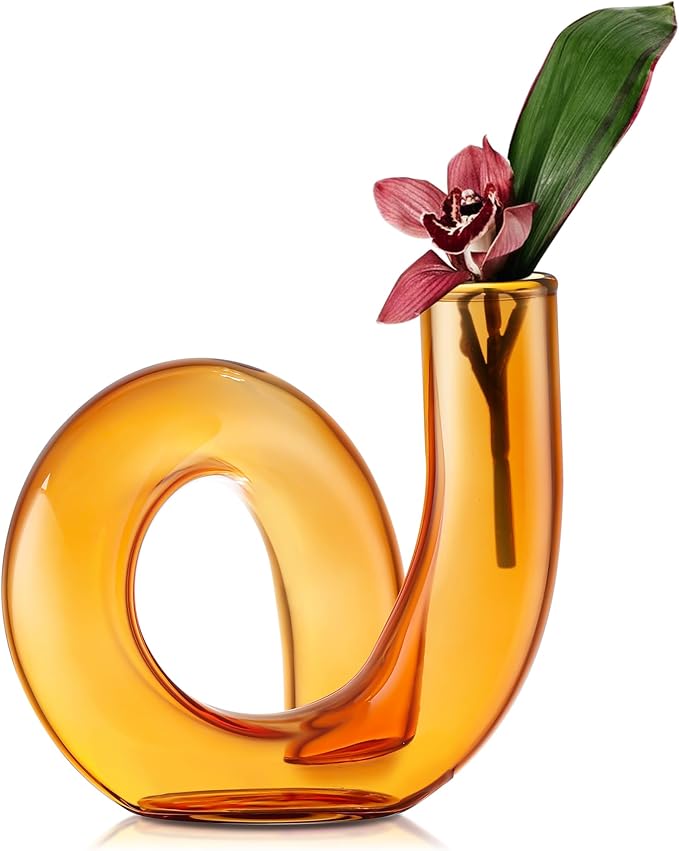 Joeyan Handmade Small Amber Glass Flower Vase,Decorative Geometric Glass Bud Vase for Modern Home Centerpieces Living Room Office,4.72" Abstract Vase for Single Flower and Dry Flowers