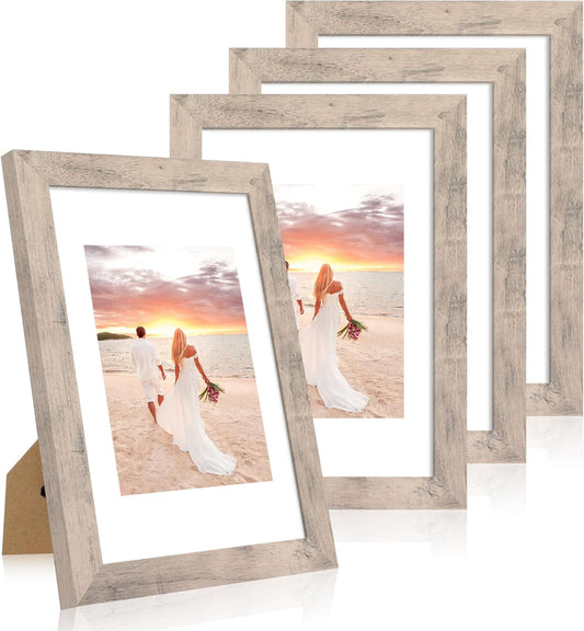 iRahmen 8x12 Picture Frame Set of 4 with High Definition Glass, Smoke Gray Frame Display 6x8 Picture with Mat or 8 x 12 Without Mat, Wood Rustic Photo Frames for Tabletop Display and Wall Mounting