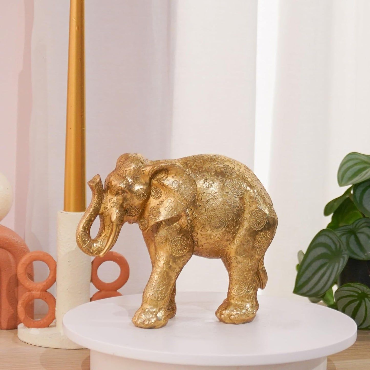 Guichifun Elephant Statues Home Décor Collectible Figurines - Gold Resin Boho Elephant Decoration Handmade Brings Good Luck Health for Living Room Shelf Office Gifts for Women 7.25 x 3.25 x 5.75 Inch