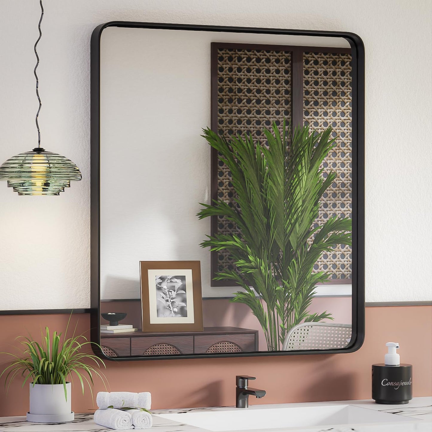 ISKM 32"x 36" Black Bathroom Mirror for Wall, Bathroom Vanity Mirror Anti-Rust, Tempered Glass, Rounded Rectangle Mirror(Horizontal/Vertical)