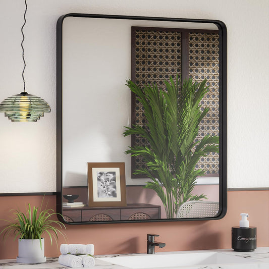 ISKM 32"x 36" Black Bathroom Mirror for Wall, Bathroom Vanity Mirror Anti-Rust, Tempered Glass, Rounded Rectangle Mirror(Horizontal/Vertical)