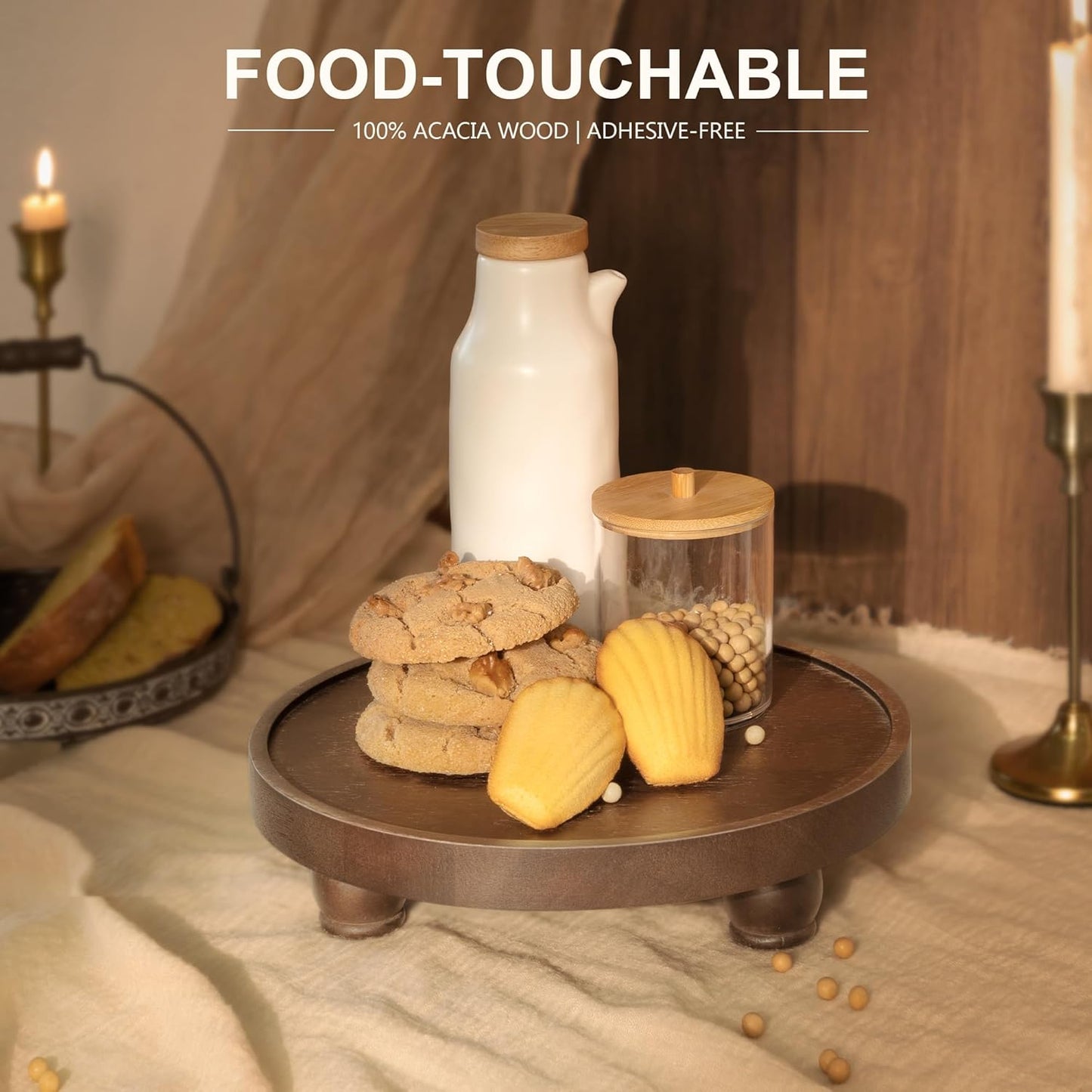 EOSAHR Farmhouse Wood Riser for Home Decor – Acacia Wood Round Pedestal Stand for Bathroom Decor & Kitchen Sink – Decorative Tray for Soap Dispenser, Candle, Plant & Cupcake (Dark Acacia)