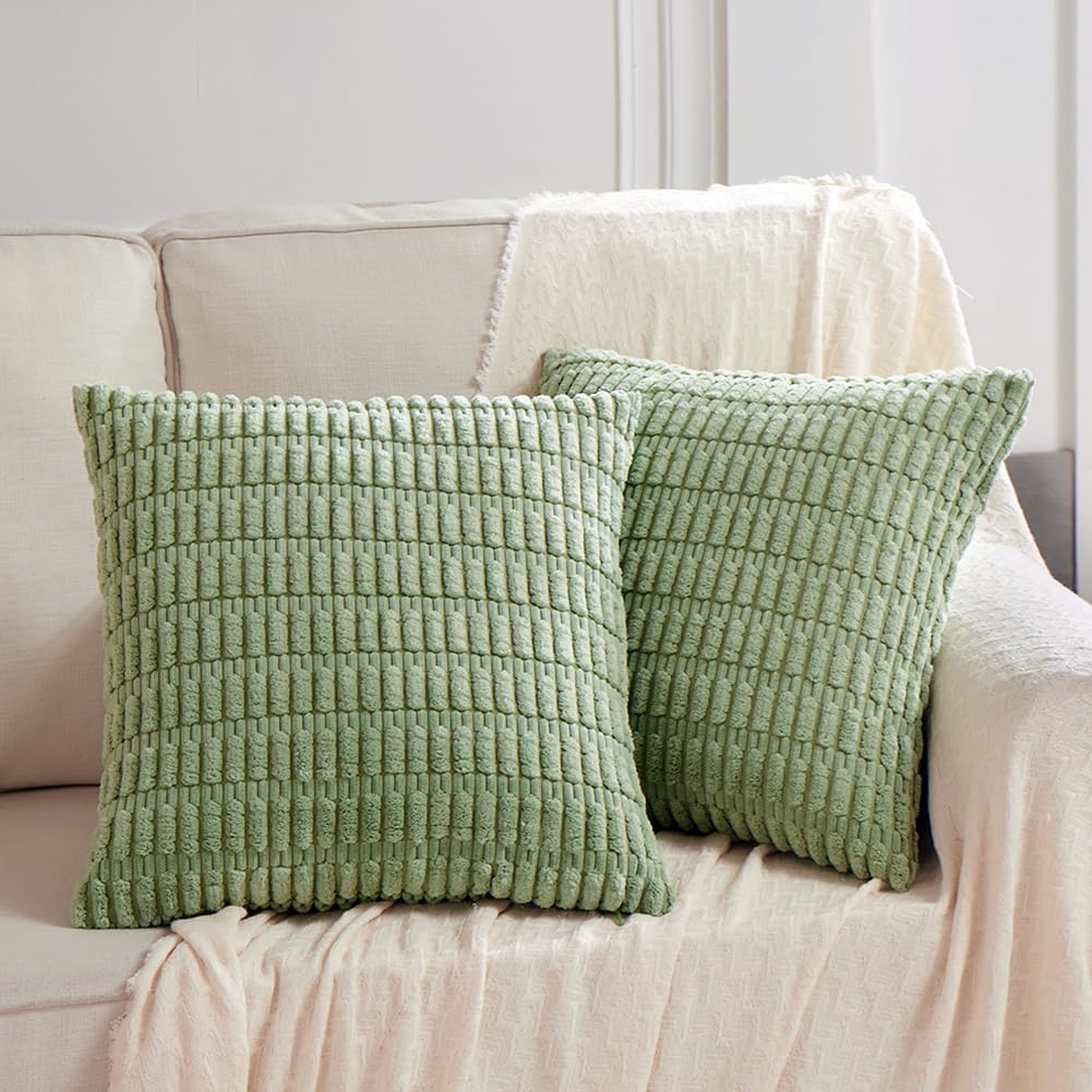 Fancy Homi Sage Green Decorative Throw Pillow Covers 18x18 Inch for Living Room Couch Bed Sofa, Soft Striped Corduroy Square Cushion Case 45x45 cm, Rustic Farmhouse Boho Home Decor