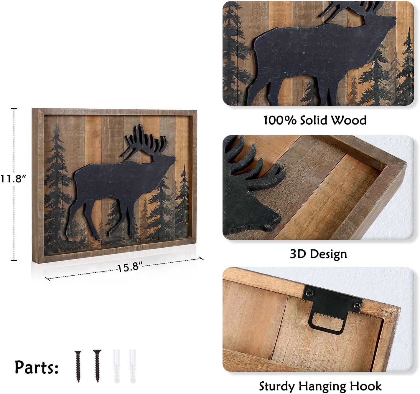 NIKKY HOME Deer Cabin Wall Decor, 3D Elk Rustic Wood Forest Mountain Woodland Wildlife Lodge Animal Picture Art Bathroom Decor, 16 x 12 Inches
