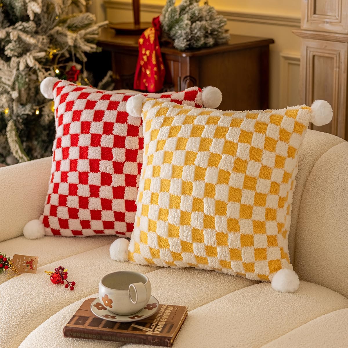 Faux Fur Plush Decorative Throw Pillow Covers with Pom Poms 18x18 Square Soft Christmas Checkered Pillow Covers for Couch Set of 2 Yellow x2