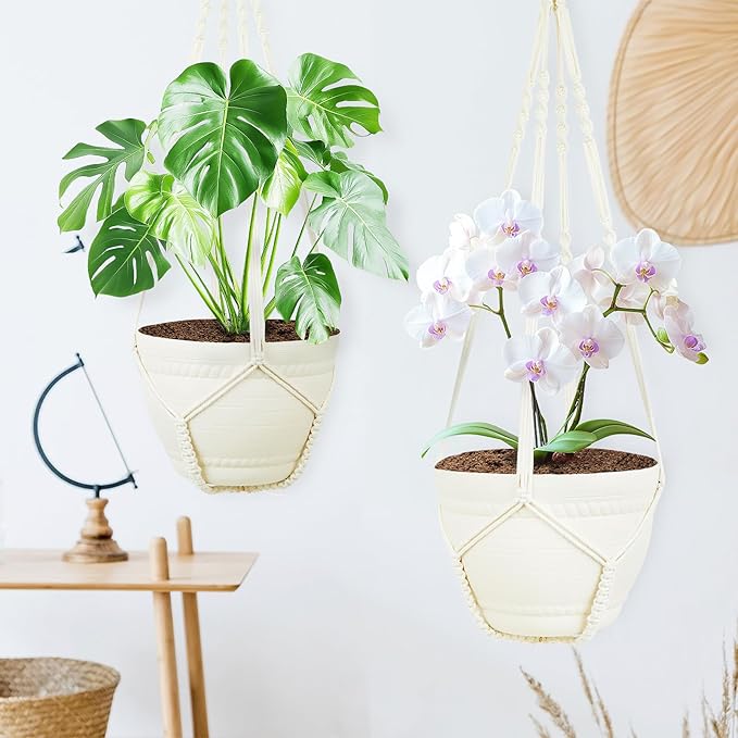 FGSAEOR Macrame Plant Holder Indoor Outdoor, Hanging 3-15 inch Pot, Bearing 20lb Planters, DIY Handmade Hanging Planter Basket, 35-Inch Extra Long Strong Boho Home Décor (2-Pack) (Ivory)