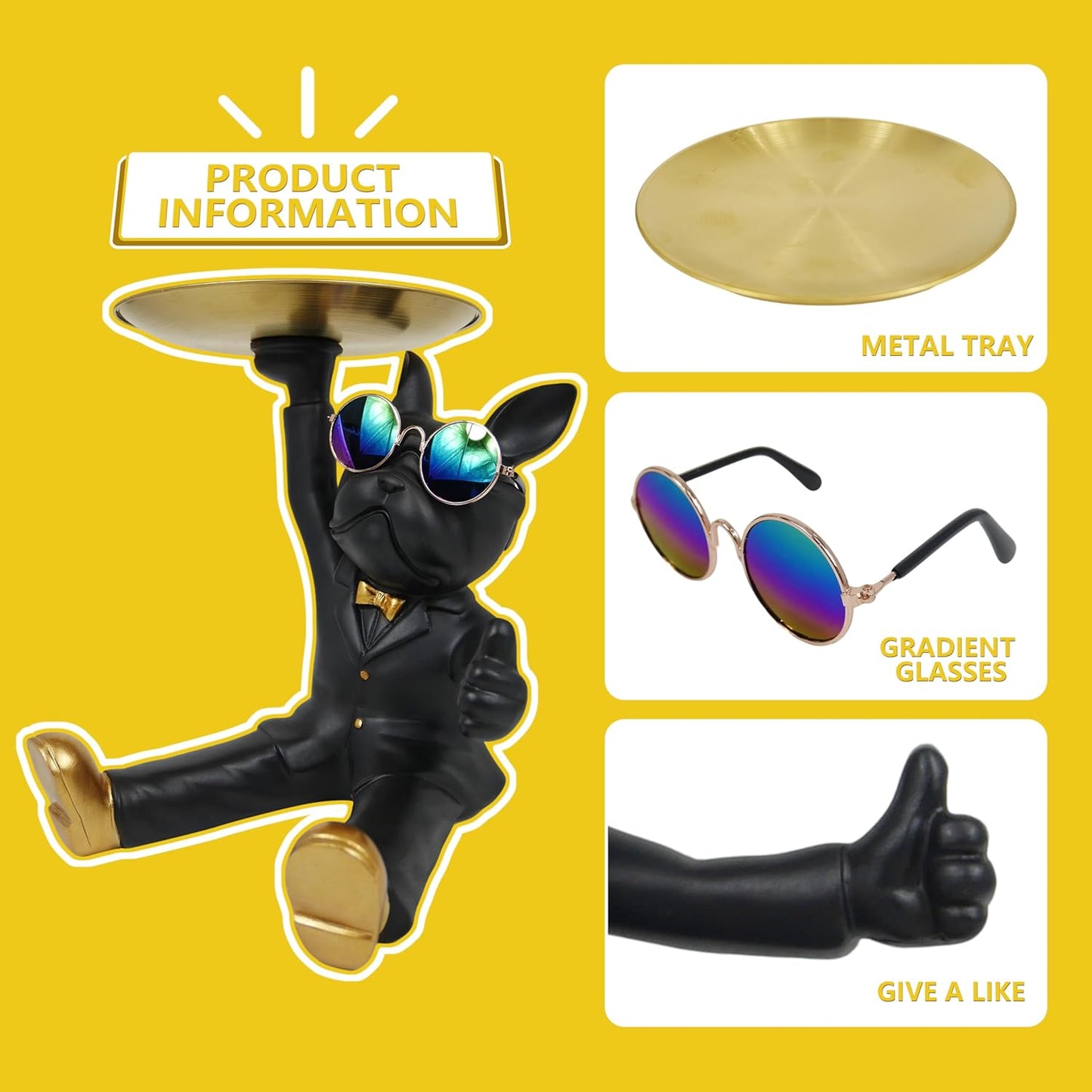 French Bulldog Tray Statue, Black Frenchie Sculpture with Gold Tray for Entrance Coffee Table Décor, Dog Key Holder Jewelry Trays