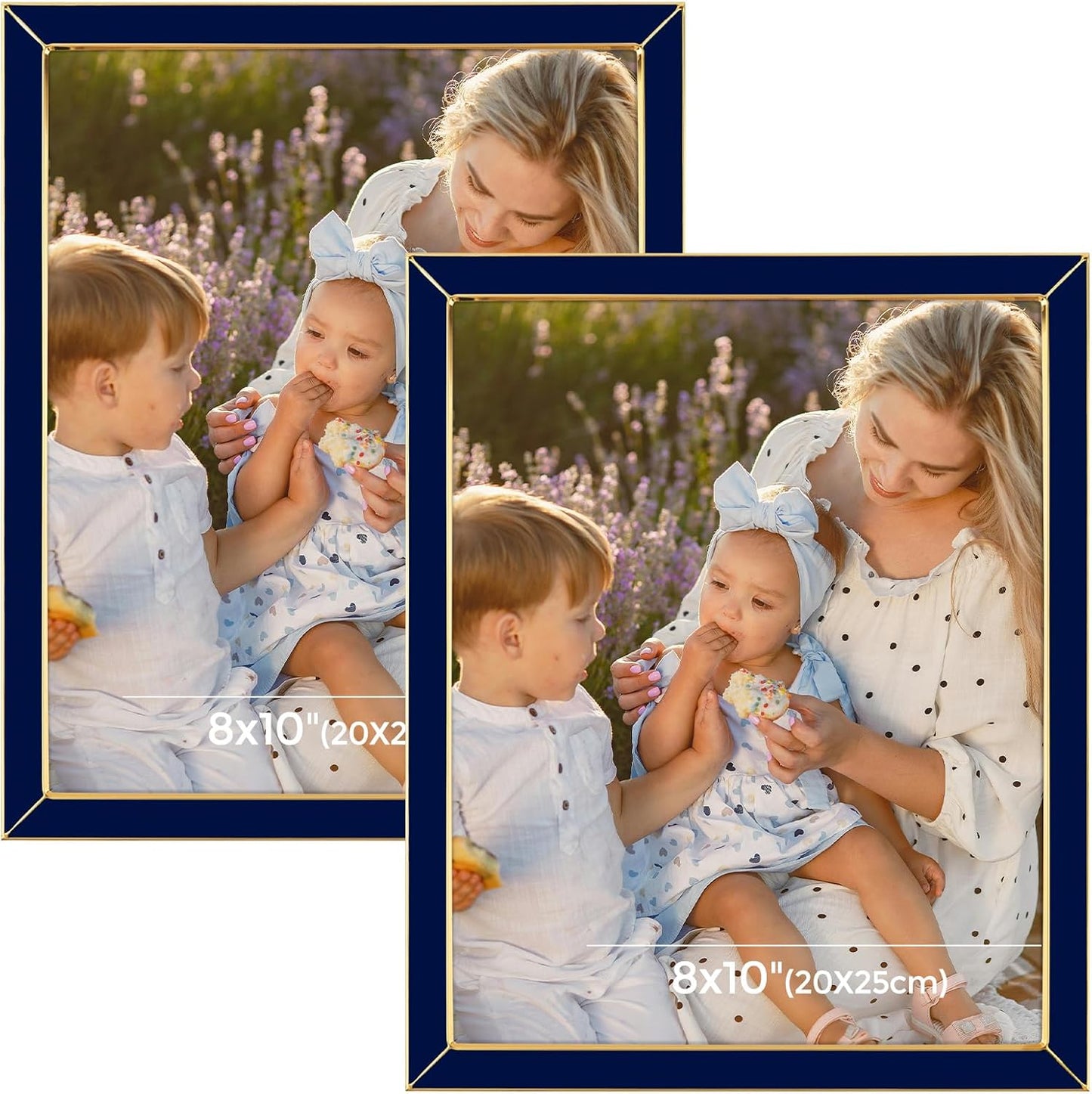Frametory Enamel Picture Frame - 8x10 Gold Metal Edge Navy Blue Enamel Picture Frame With Easel and Velvet Back for Tabletop Display, 8x10 Wall Decoration, Photo Frames, Picture Display-2 Set
