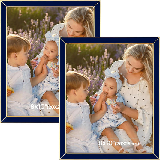 Frametory Enamel Picture Frame - 8x10 Gold Metal Edge Navy Blue Enamel Picture Frame With Easel and Velvet Back for Tabletop Display, 8x10 Wall Decoration, Photo Frames, Picture Display-2 Set