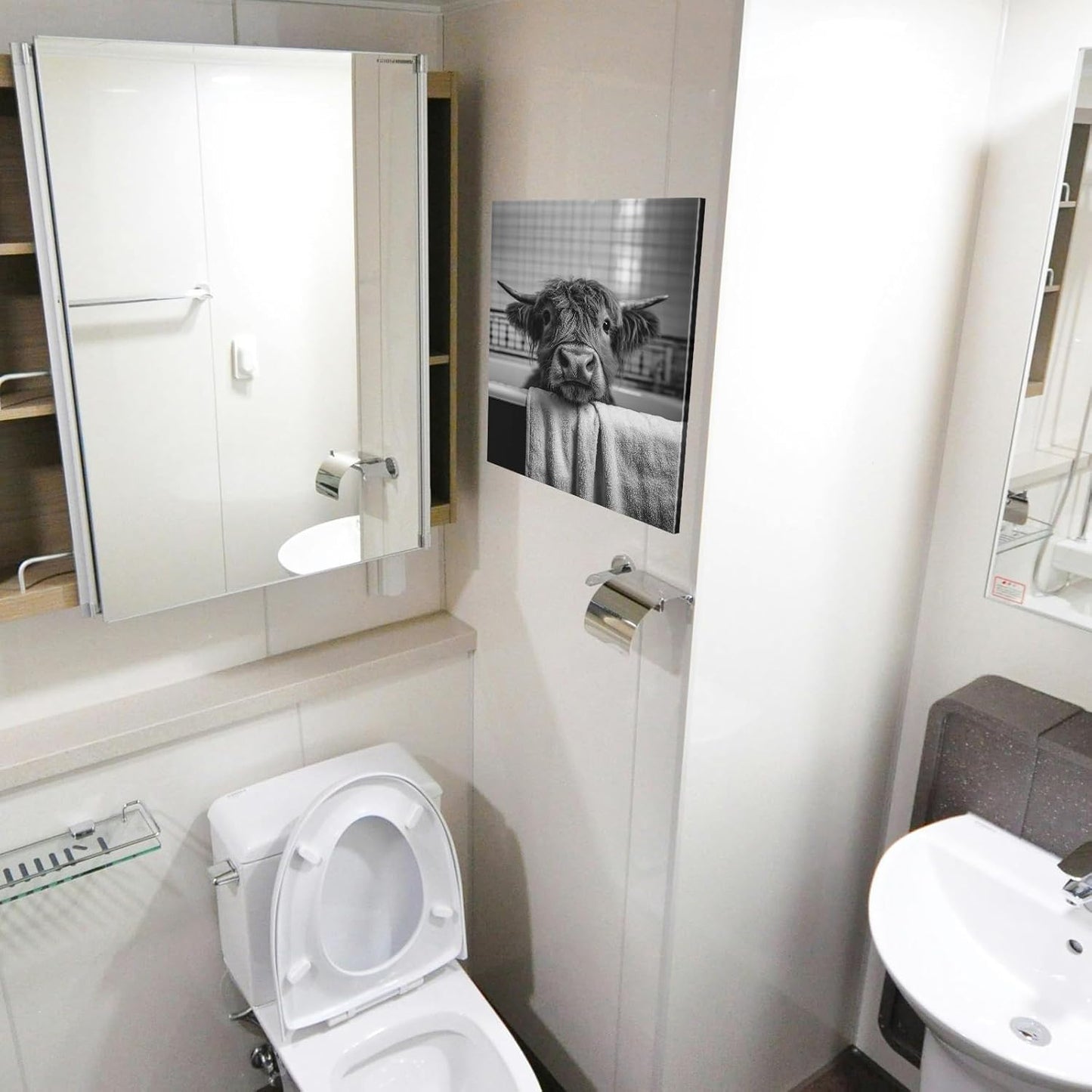 Highland Cow Canvas Wall Art Funny Animal Bathroom Pictures with Wooden Frame, Ready to Hang Lightweight Bathroom Wall Decor for Home, Funny Art and Highland Cow Pictures, Size 12x15.7 Inch