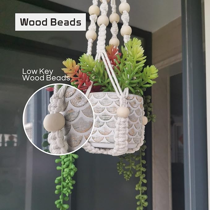 Macrame Plant Hanger 35", No Tassel Hanging Plant Holder, Sturdy Flower Pot Holder with 2 Hooks - Ivory