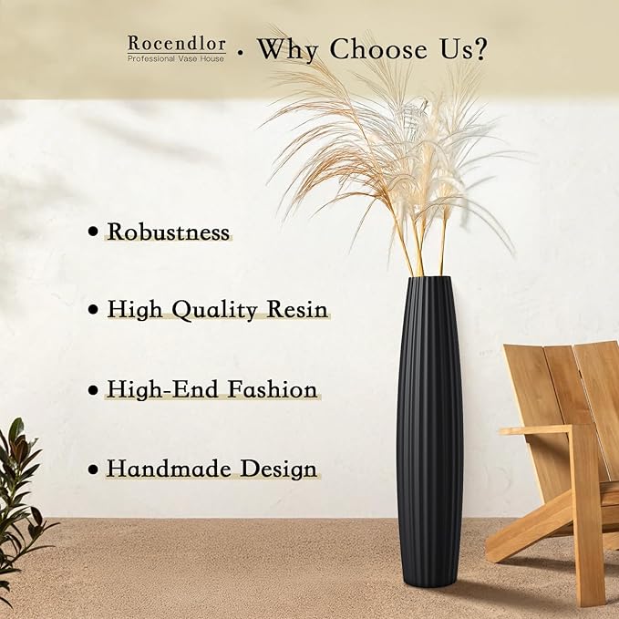Floor Vases, Tall Floor Vase 23.6 inch (60CM, 1.96FT) Tall Vases, Sturdy Black Vase for Living Room Decor, Resin Black