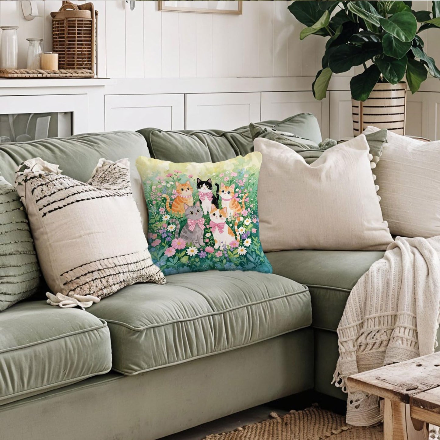 Coquette Pink Bow Cat Pillow Covers 18x18, Cat Room Decor, Cottagecore Wildflowers Cute Kitty Aesthetic Decorative Throw Pillow Covers Pillowcases for Bedroom Living Room Home Decor