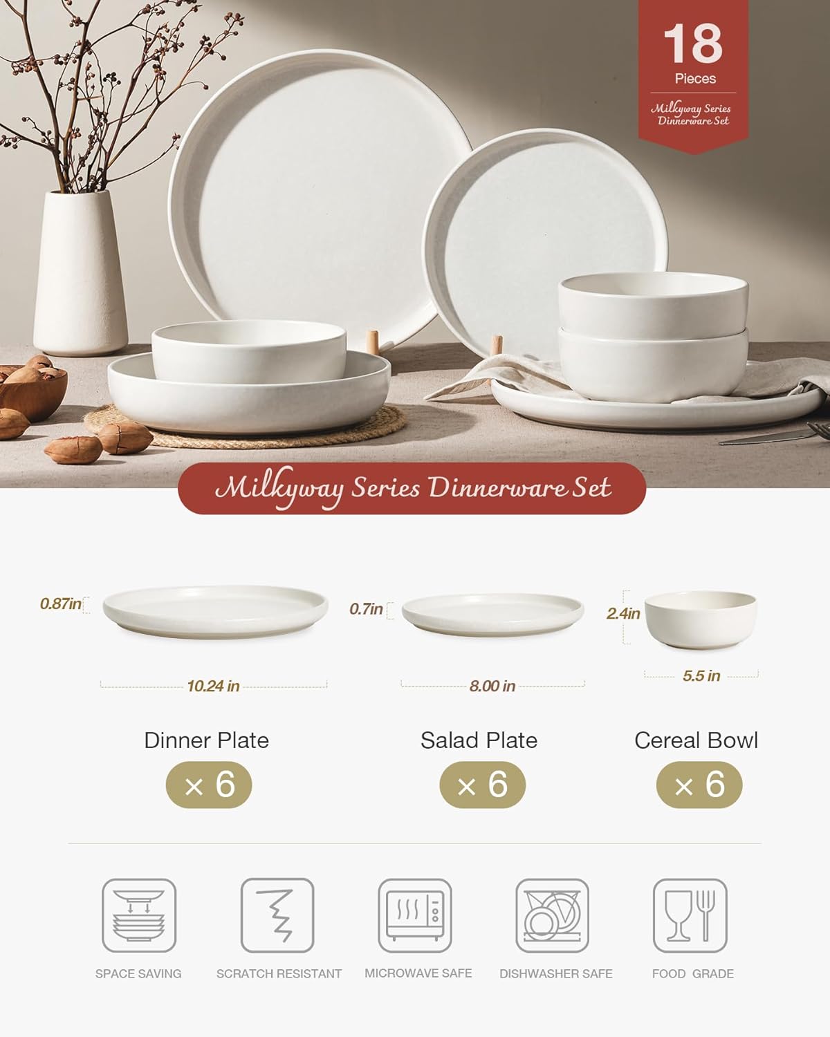 Famiware Milkyway Plates and Bowls Sets, 18 Pieces Dinnerware Sets, Reactive Glaze Dish Set, Stoneware Dishes Set for 6, Matte Beige White
