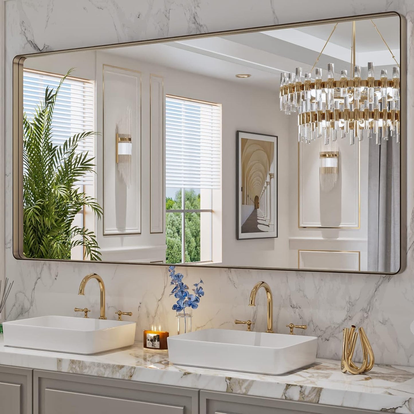 LOAAO 72”X36” Bronze Bathroom Mirrors for Vanity, Rounded Rectangle Brushed Bronze Metal Frame Mirror, Anti-Rust, Tempered Glass, Hangs Horizontally or Vertically