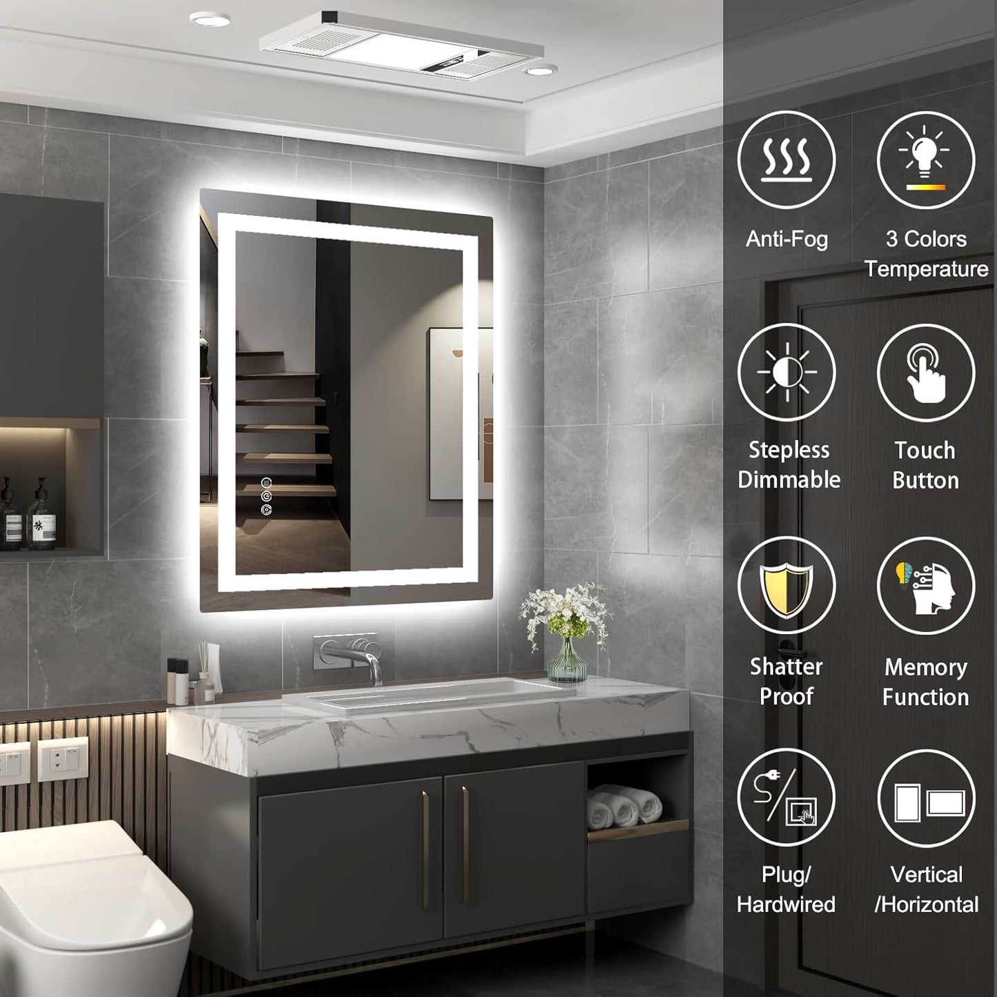 LED Mirror for Bathroom 30x36 Lighted Bathroom Vanity Mirrors with Lights, Brighter Frontlit and Backlit Anti-Fog Mirror, Tempered Glass, Dimmable 3 Colors Light Modes, Memory Function