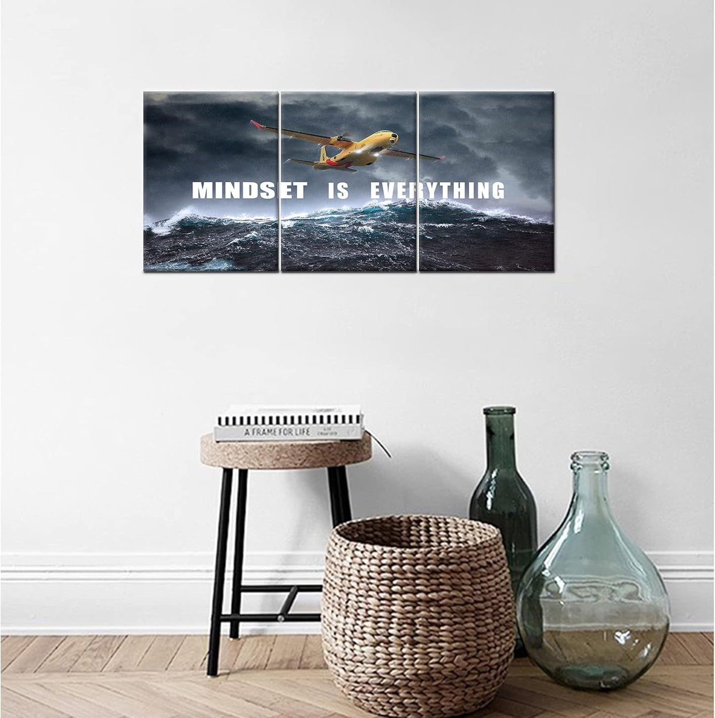 Inspirational Wall Art Rainstorm Airplane Mindset is Everything Canvas Pictures Painting Motivational Posters Inspiring Success Quotes for Office Wall Decor Print Artwork Ready to Hang [36''W x 16''H]