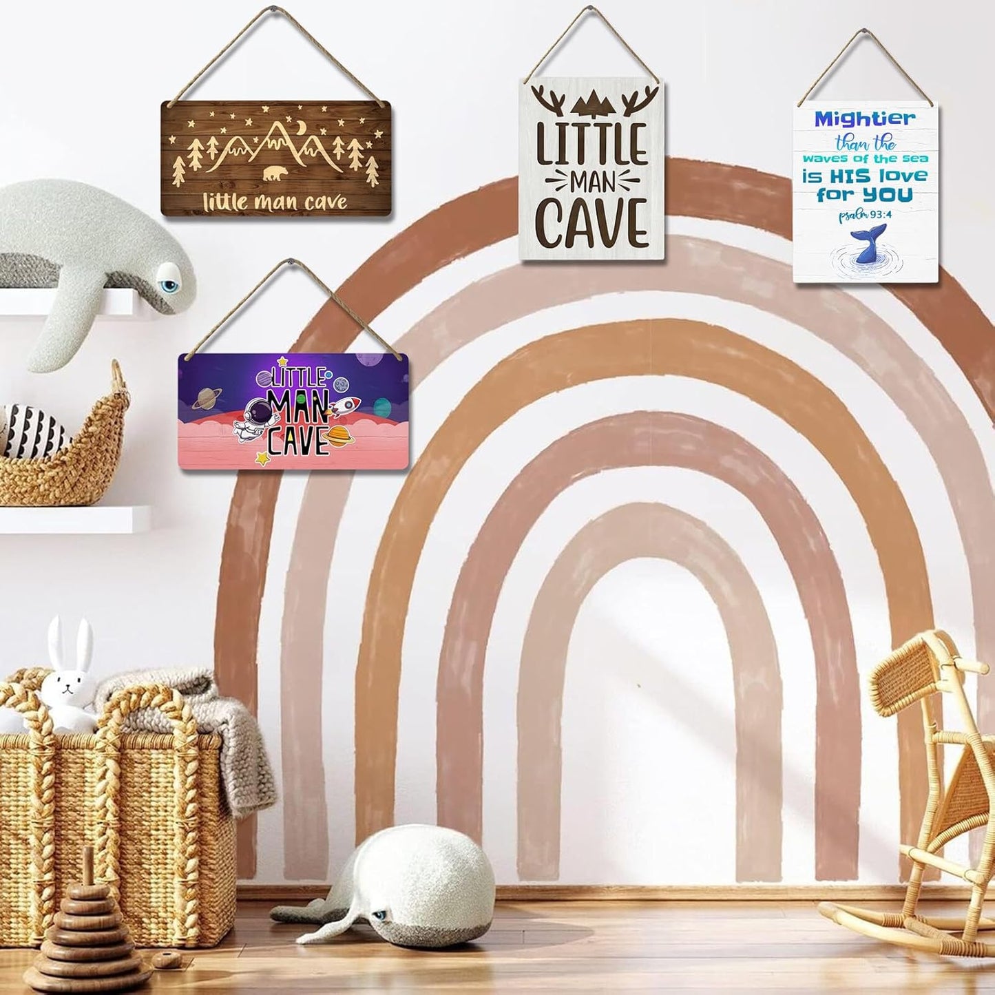 Little Man Cave Sign Woodland Nursery Wall Decor for Baby Boys Rustic Bear Forest Animal Wood Signs, Nursery Room Decor for Boys Bedroom Farmhouse Sign Wooden Wall Art 12x6 Inch