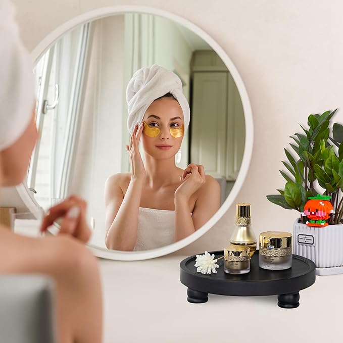 Demigo 10" Acacia Wood Round Tray - Decorative Plant Stand, Farmhouse Countertop Organizer, Multi-Purpose Display Pedestal, Riser Board for Soap, Perfume, Candles, Sponge, Bathroom, Kitchen (Black)