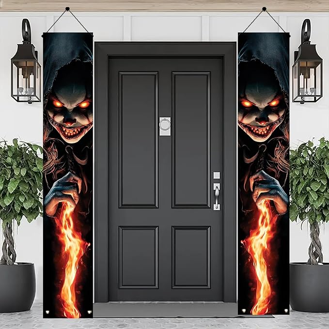 2PCS Halloween Porch Banner Scary Evil Clown Vertical Hanging Decorations for Front Door Outdoor Haunted House Door Sign Spooky Party Wall Decor Trick or Treat Entrance Backdrop 71 x 12 Inch