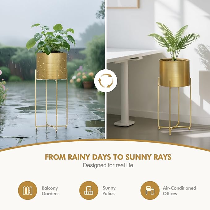 Sinolodo Gold Planters for Indoor Plants, Mid Century Floor Standing Tall Planter with Stands, 9/8/7 inch Plant Pots for Living Room Bedroom Office