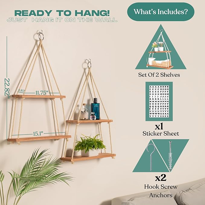 Hanging Shelves for Wall - Boho Room Decor Aesthetic - Hanging Plant Shelf Decor - Floating Shelves for Room Wall - Rope Shelves for Bedroom Aesthetic, Boho Decor Wall Hanging Shelves for Living Room