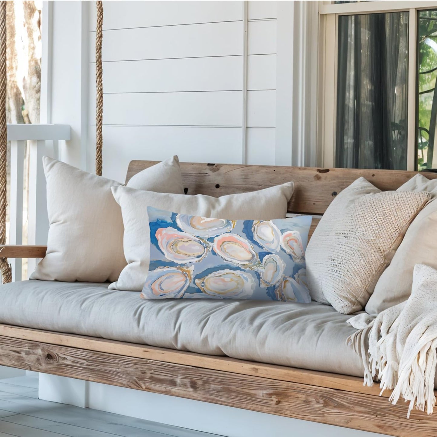 Coastal Beach Room Decor 12x20 Pillow Cover, Coastal Beach Blue Oysters Shell Decorative Lumbar Pillow Covers for Bedroom Living Room Home Dorm Sofa Couch